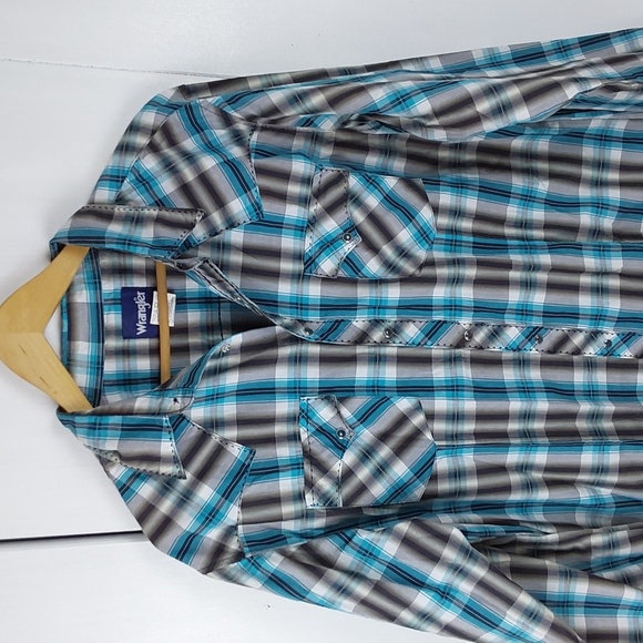 Wrangler Mens Blue,Black Plaid Western Yoke Snap Button Down Shirt Cowboy Sz.L - Picture 2 of 7
